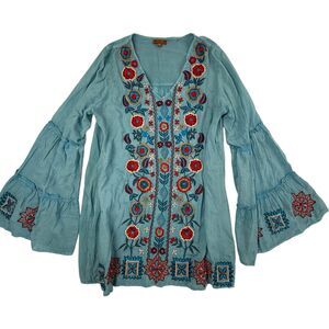 Scully Embroidered Floral Tunic Top Women XS Blue V-neck Bell Long Sleeves
